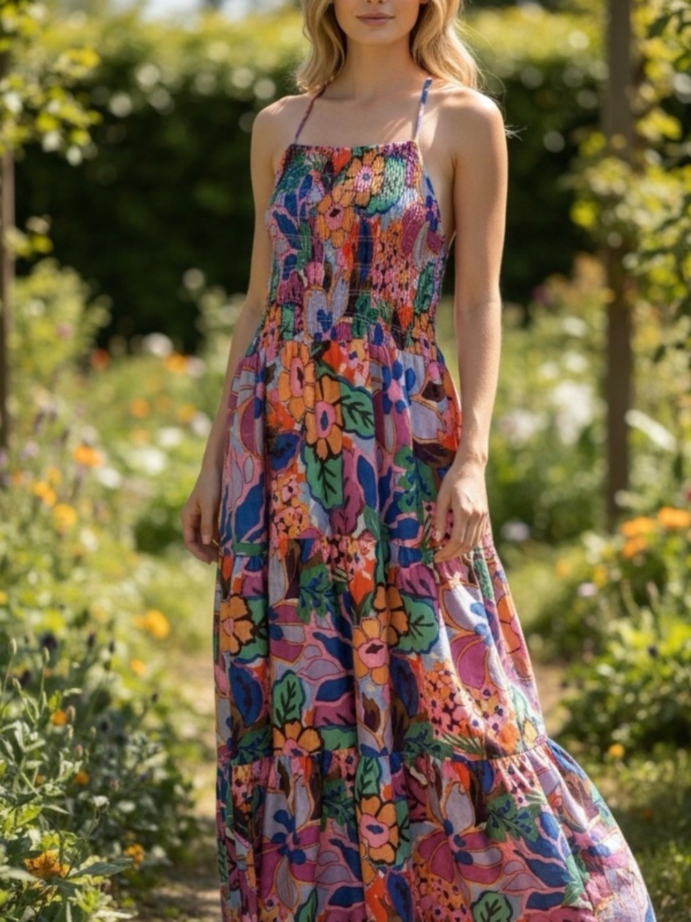 THML Floral Smocked Tiered Maxi Dress size Medium